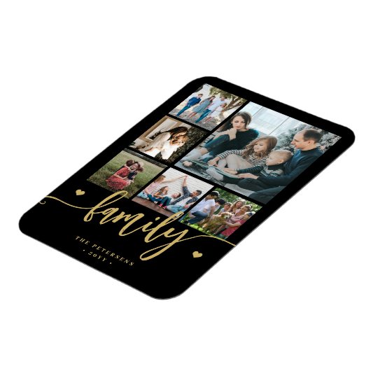 6家族のフォトコラージュ黒い金ゴールドスクリプト マグネット (左側)