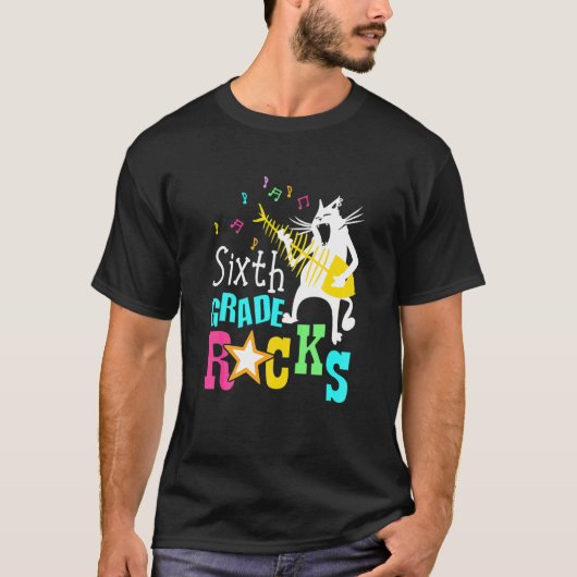 6年生ロック 6年生 ギターを弾く猫 Tシャツ (正面)
