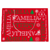 6文字付き名前レッドグリーンクリスマスパターン ラージペーパーバッグ (正面)