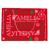 6文字付き名前レッドグリーンクリスマスパターン ラージペーパーバッグ (裏面)
