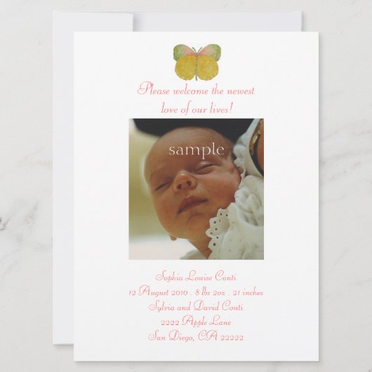 6月の蝶の誕生発表 案内状 (裏面)