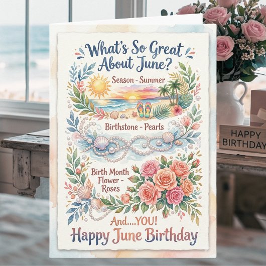 6月の誕生日カード ローズ パール 海辺の夏 カード
