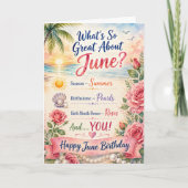 6月の誕生日バラと真珠のサマーバースデーカード カード (正面)