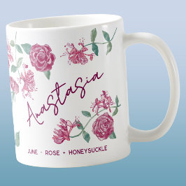 6月の誕生花カスタムネームローズ・スイカズラ コーヒーマグカップ