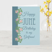 6月誕生日カード、ガールフレンド:青い上のドグロス カード (黄色い花)