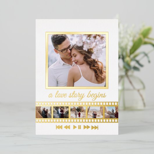 6枚のフォトコラージュのフィルム枠が日付結婚を保存 箔招待状 (立ち正面)