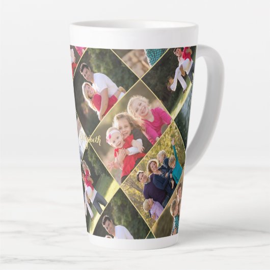 6枚のフォトコラージュパーソナライズされた文字の作成 カフェラテマグ (右アングル)