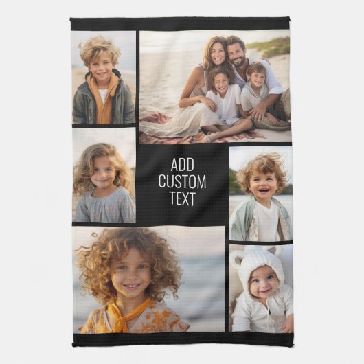 6枚のフォトコラージュ – 黒い背景 – 白い文字 キッチンタオル (縦)