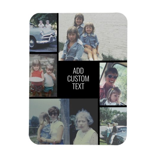 6枚のフォトコラージュ – 黒い背景 – 白い文字 マグネット (縦)