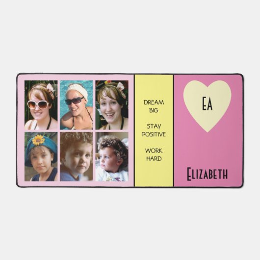 6枚のフォト引用文に名前イニシャルピンク黄色を追加 デスクマット (正面)