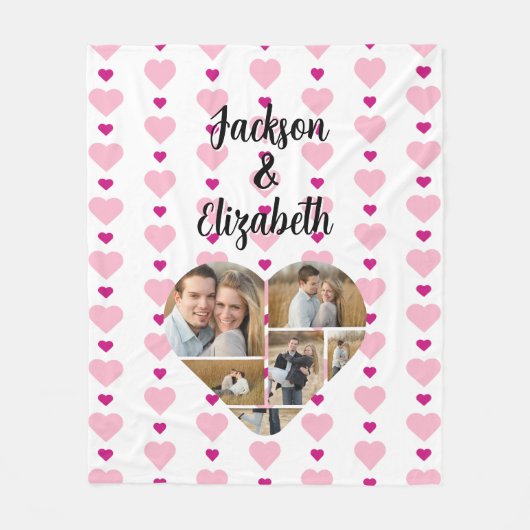 6枚の写真でパーソナライズされた可愛いピンクのハートパターン フリースブランケット (正面)
