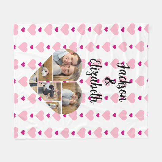 6枚の写真でパーソナライズされた可愛いピンクのハートパターン フリースブランケット (正面(横))