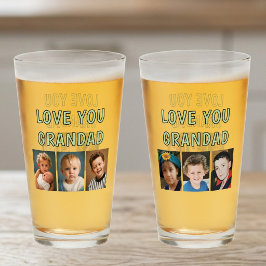 6枚の写真と"Love you Grandad"のメッセージ入りグリーンビールのデザイン タンブラーグラス