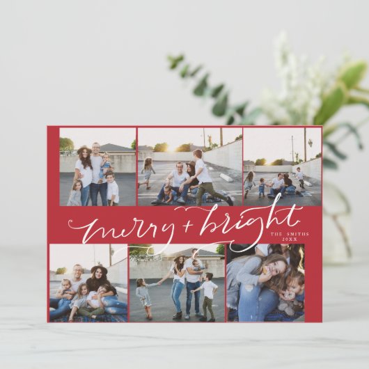 6枚の写真のクリスマスカメリーード明るい赤 招待状 (スタンド正面)