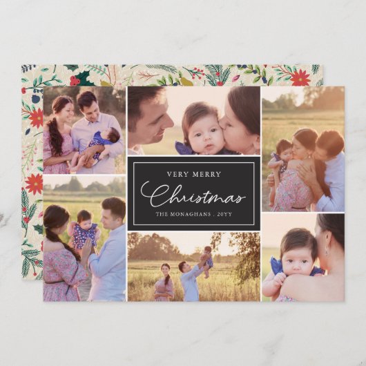 6枚の写真の組み合わせ | 花柄のクリスマスブラック シーズンカード (正面/裏面)