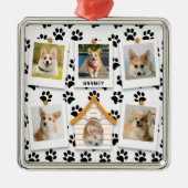 6枚の写真を並べた犬小屋と足跡のデザインに名前を入れて メタルオーナメント (正面)