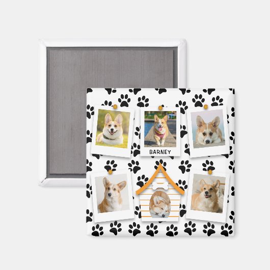 6枚の写真を並べた犬小屋と足跡の名前付きコラージュ マグネット (正面/裏面)