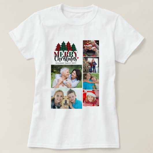 6枚の写真を持つ家族の名前メリークリスマスウィメンズ Tシャツ (デザイン正面)