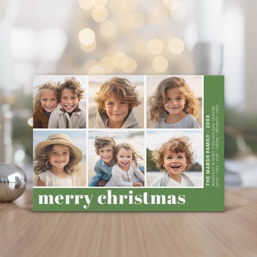6枚の写真オフセット - 太字のメリークリスマス - 緑 シーズンカード