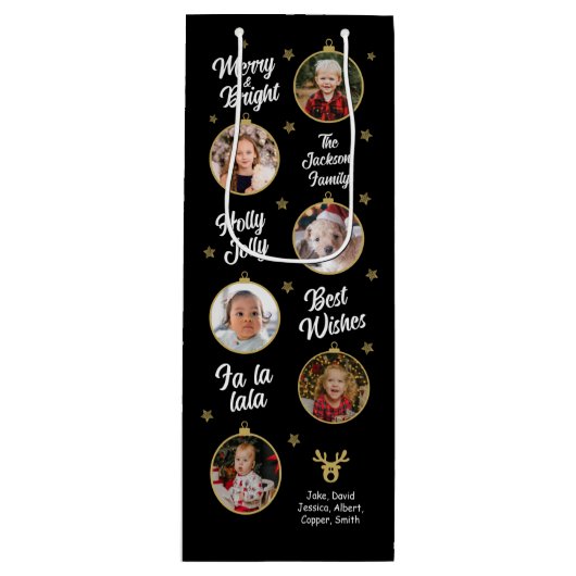 6枚の写真クリスマスバブル黒 ワインギフトバッグ (正面)