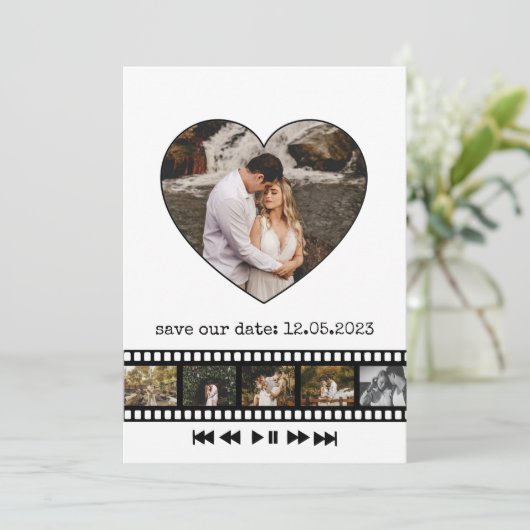 6枚の写真コラージュインスパイアムービーの日付を保存する 招待状 (スタンド正面)