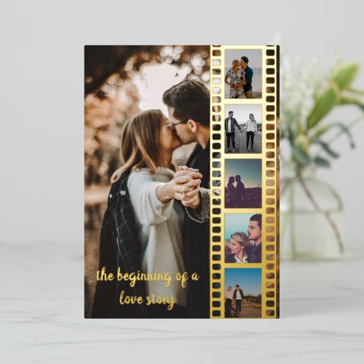 6枚の写真コラージュ・フィルム日付を保存 箔招待状 (立ち正面)