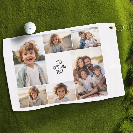 6枚の写真コラージュ – 白い背景 – 黒い文字 ゴルフタオル