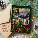6枚の写真メリークリスマスファミリーレッドグリーン金ゴールド 箔シーズンカード<br><div class="desc">スタイリッシュplaidエレガント実在金ゴールドホイルタータンチェックホイルMerry Christmasのスクリプト6家族の写真クラシック伝統的赤い文字の両方の側面に緑の休日カード。</div>