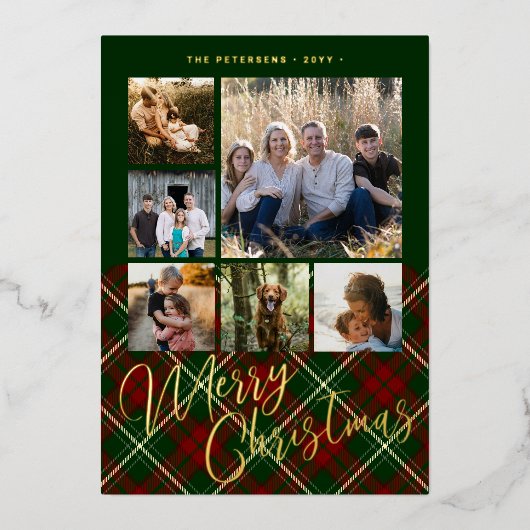 6枚の写真メリークリスマスファミリーレッドグリーン金ゴールド 箔シーズンカード (正面)