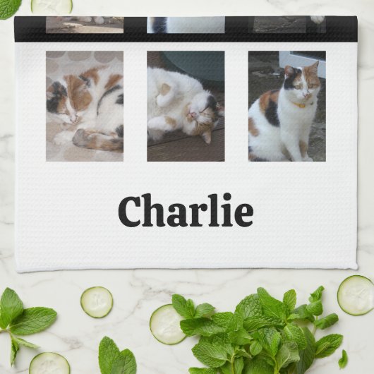 6枚パーソナライズされたのフォトコラージュ動物愛好家ブラック キッチンタオル (折り畳み)