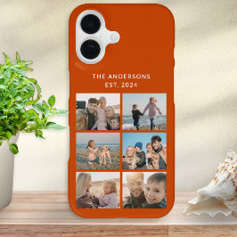 6枚フォトコラージュ 家族の名前 カスタム バーントオレンジ iPhone 16ケース