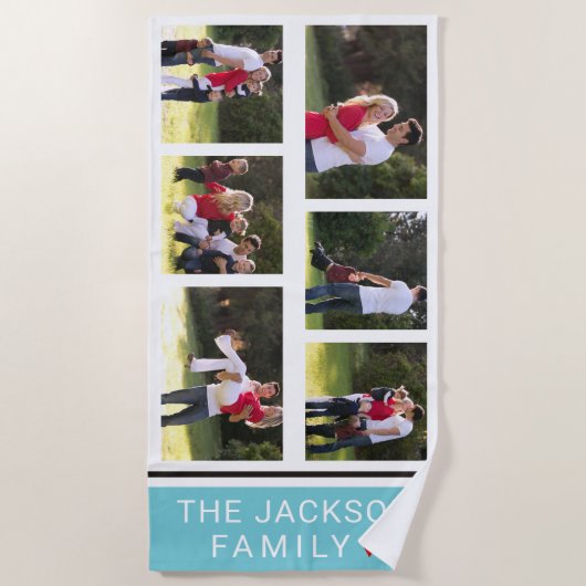 6枚モダンの写真と青のコラージュ ビーチタオル (正面)