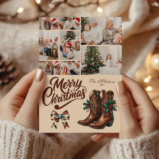 6枚写真 西部風リボンとブーツのクリスマス シーズンカード