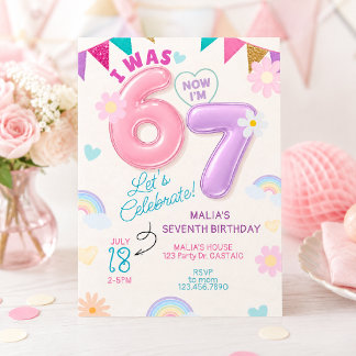 6歳から7歳へ パステルレインボー 女の子 7歳の誕生日 招待状
