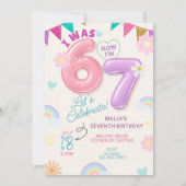 6歳から7歳へ パステルレインボー 女の子 7歳の誕生日 招待状 (正面)
