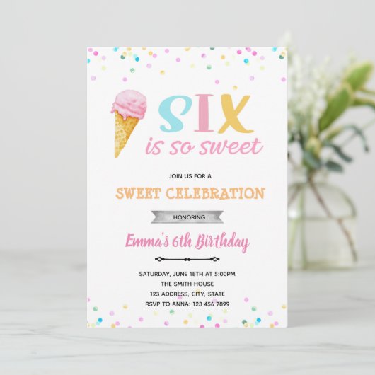 6歳のとっても素敵なアイスクリームのお誕生日会への招待 招待状 (スタンド正面)