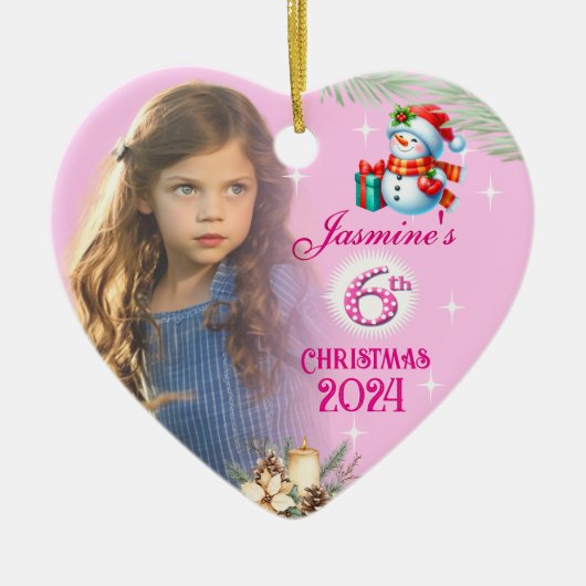 6歳のクリスマスの女の子の写真ハートギフト セラミックオーナメント (正面)