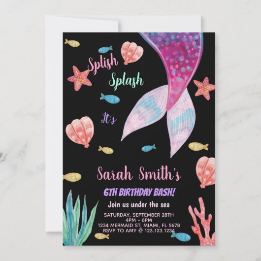 6歳のダークピンクのマーメイドの誕生日 招待状 (正面)