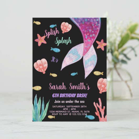 6歳のダークピンクのマーメイドの誕生日 招待状 (スタンド正面)