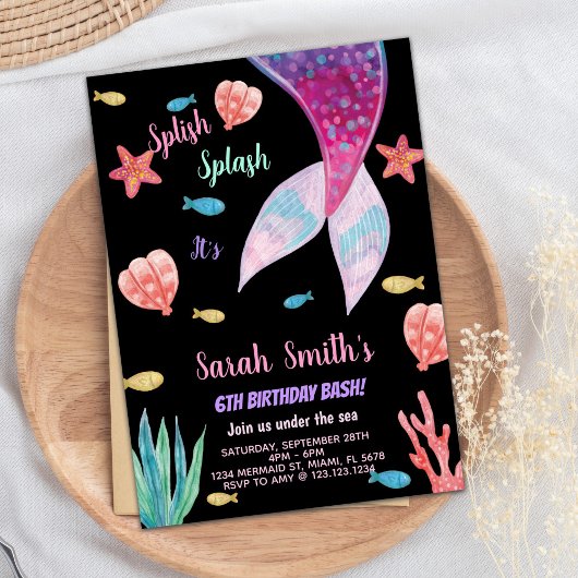 6歳のダークピンクのマーメイドの誕生日 招待状
