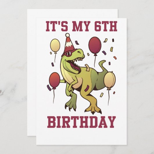 6歳の恐竜の誕生日6歳のパーティー少年 招待状 (正面/裏面)