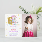 6歳の花のユニコーンの誕生日招待状（写真付き） 招待状 (スタンド正面)