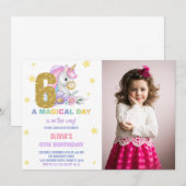 6歳の花のユニコーンの誕生日招待状（写真付き） 招待状 (正面/裏面)