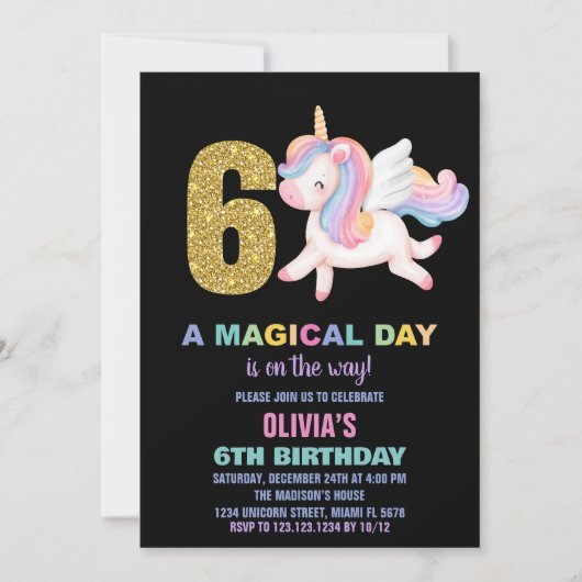6歳の虹色ユニコーンの誕生日招待状 ブラック 招待状 (正面)