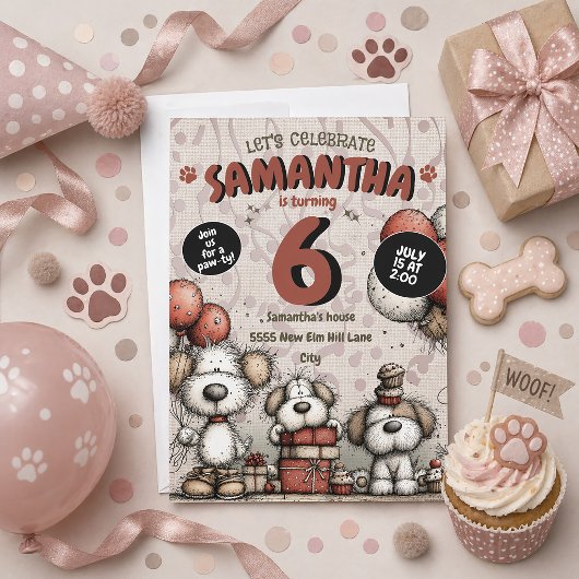 6歳の誕生日おめでとう!かわいい女の子と子犬 招待状