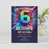 6歳の誕生日おめでとう!ネオンピクセル招待状 招待状 (スタンド正面)