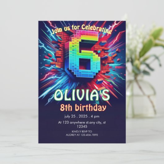 6歳の誕生日おめでとう!ネオンピクセル招待状 招待状 (スタンド正面)