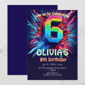 6歳の誕生日おめでとう!ネオンピクセル招待状 招待状 (正面/裏面)