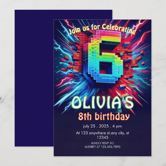6歳の誕生日おめでとう!ネオンピクセル招待状 招待状 (正面/裏面)