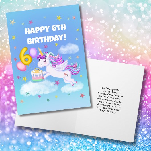 6歳の誕生日おめでとう ユニコーンとバースデーケーキ カード